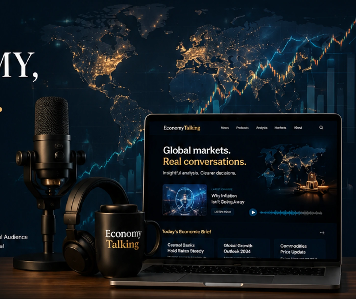 Economics media, podcast and global markets concept